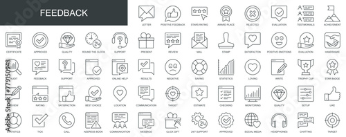 Feedback web icons set in thin line design. Pack of review, business, satisfaction, survey, comment, rating, award place, evaluation, achievement, other outline stroke pictograms. Vector illustration.