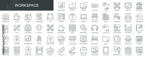 Workspace web icons set in thin line design. Pack of office, workplace, computer, teamwork, statistic, tools, brainstorm, presentation, document, other outline stroke pictograms. Vector illustration. photo