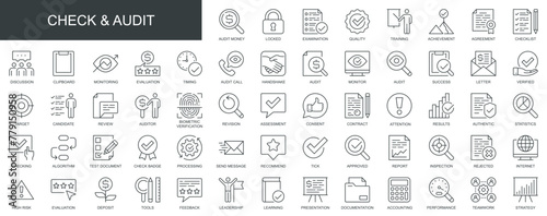 Check and audit web icons set in thin line design. Pack of money examination, quality, result, discussion, monitoring, evaluation, review, target, other outline stroke pictograms. Vector illustration.