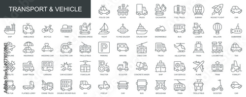Transport and vehicle web icons set in thin line design. Pack of car, rover, truck, excavator, subway, rocket, taxi, ship, bicycle, tank, yacht, other outline stroke pictograms. Vector illustration.