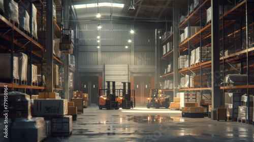 A bustling logistics warehouse with shelves, forklifts, and inventory management systems, currently idle but prepared for efficient storage and distribution photo