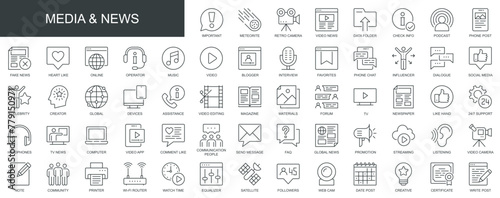 Media and news web icons set in thin line design. Pack of phone post, likes, blogger, interview, video, favorite, influence, dialogue, influence, other outline stroke pictograms. Vector illustration.