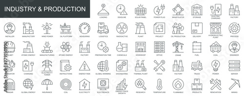 Industry and production web icons set in thin line design. Pack of renovation, power, storage, logistics, factory, manufacture, engineer, plant, other outline stroke pictograms. Vector illustration. photo