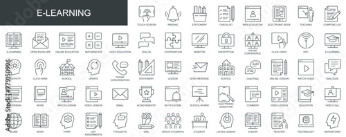 E-learning web icons set in thin line design. Pack of stationery, education, group students, teaching, online lesson, video, conference, school, other outline stroke pictograms. Vector illustration.