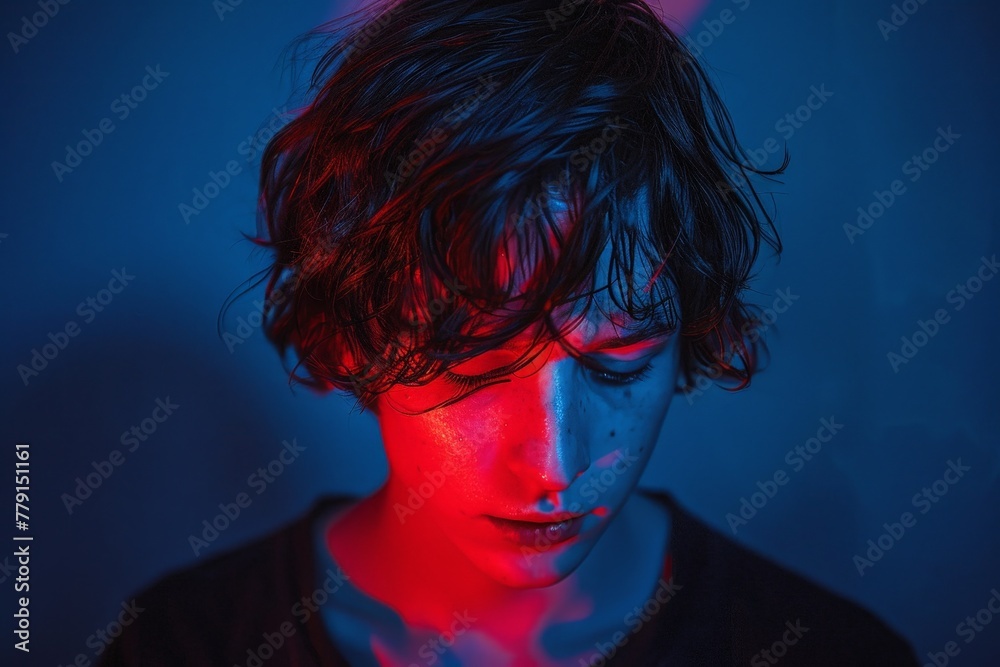 A man standing with a vibrant red light shining on his face A man standing with a vibrant red light shining on his face