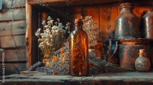 Essential oil in amber bottle amid flowers. Brown glass vial with herbal backdrop. Concept of natural aromatherapy, organic essences, alternative medicine, and floral essence.