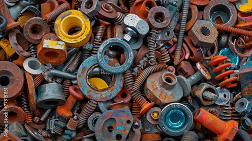 Screws, washers, and springs—a jumble of essential hardware parts. photo