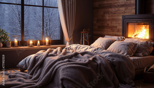 Interior of a wooden house with a fireplace. Cozy winter morning.