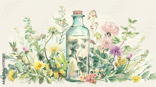Bottle surrounded by medicinal plants. Flask with homeopathic herbs. Concept of natural remedy, homeopathy, botanical extract, herbal essence, alternative medicine. Watercolor illustration