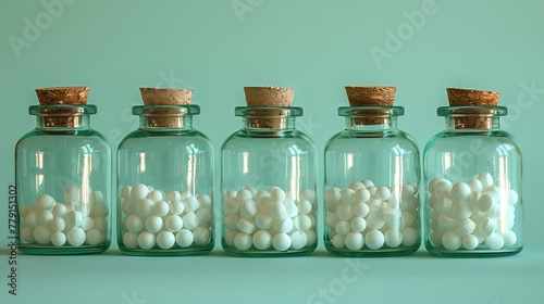 Glass bottles with white homeopathic pills on green background. Homeopathy medicine. Concept of alternative medicine, natural remedy, naturopathy, holistic healing, wellness, and pharmaceuticals.