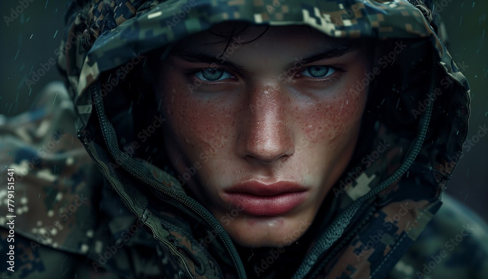 Intense young man in camouflage rain gear, water droplets on face, dramatic lighting Intense young man in camouflage rain gear, water droplets on face, dramatic lighting