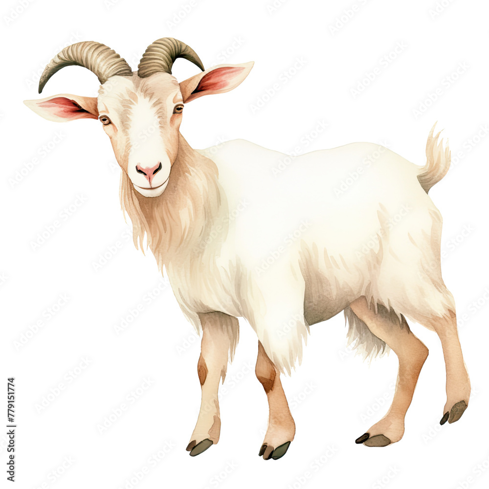 Fototapeta premium AI-generated watercolor white Goat clip art illustration. Isolated elements on a white background.