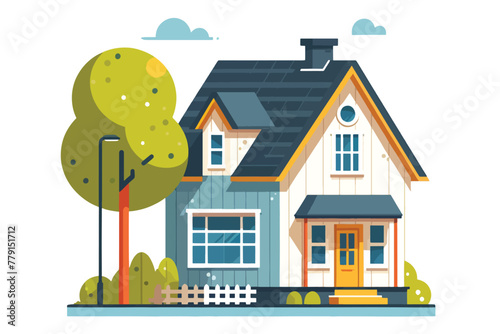 illustration of a wooden house with trees decorating the front of the house
