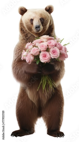 A bear standing upright holding a bouquet of pink roses in its paws. Concept: Valentine's Day. © ProPhotos