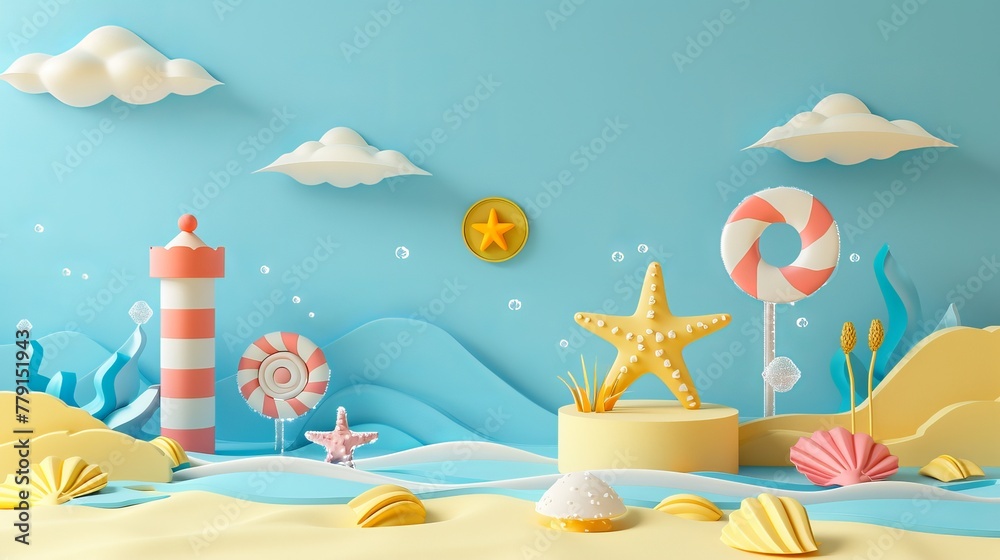 Showcase your kids' or baby products on this charming 3D podium, set amidst a serene seaside scene.