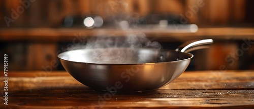 Modern Nonstick Wok on Wooden Table with Steam. Concept Cookware, Kitchenware, Food Photography, Culinary Art, Cooking Appliances