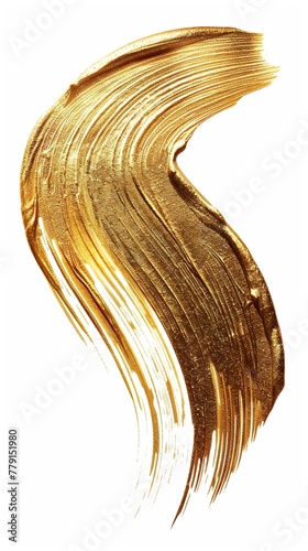 A soft and delicate golden brushstroke on a white background. Eye-catching bright golden brushstroke in a thin, wavy shape that suggests flowing liquid or dust.