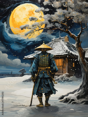 A samurai with tree and scenery between reality and fantasy vector customized design