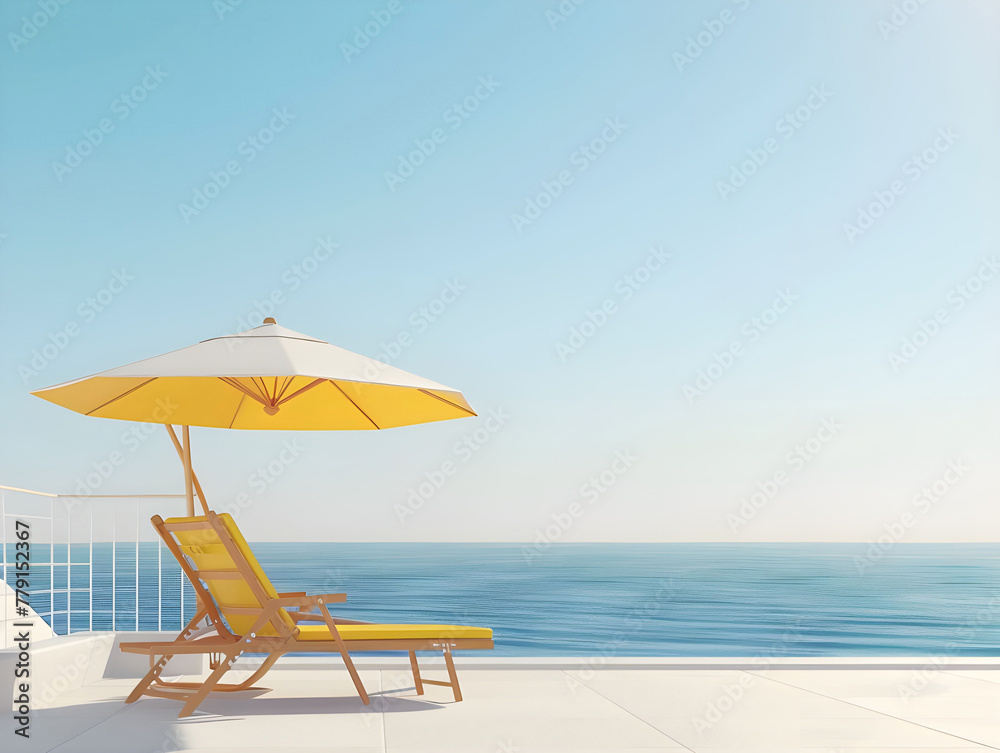 Beach chair and umbrella on sunny terrace by the sea - Ai Generated