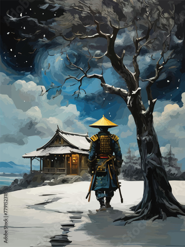 A samurai with tree and scenery between reality and fantasy vector customized design