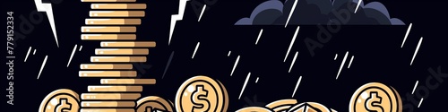 Minimalist illustration of golden coins raining down against a black background, representing financial success, wealth overflow, and economic prosperity photo