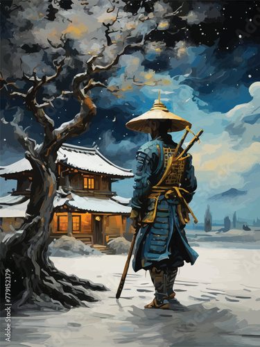 A samurai with tree and scenery between reality and fantasy vector customized design