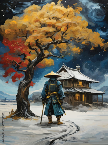A samurai with tree and scenery between reality and fantasy vector customized design