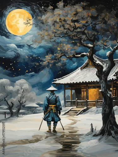 A samurai with tree and scenery between reality and fantasy vector customized design