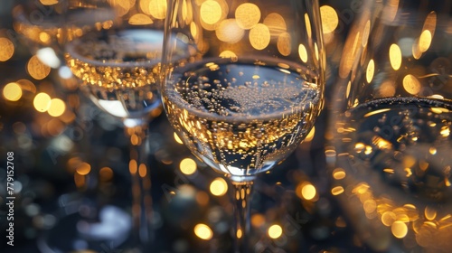 Glasses of sparkling wine on a blurred background of glowing lights.