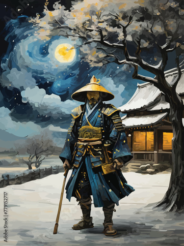 A samurai with tree and scenery between reality and fantasy vector customized design