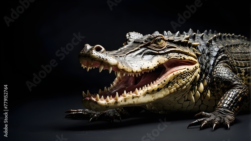 crocodile in the water.portrait of a contented duck  isolated with a black background and copy space  in a photo studio setup with key lighting