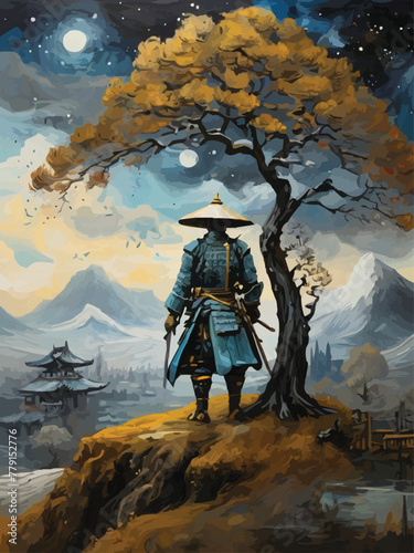 A samurai with tree and scenery between reality and fantasy vector customized design