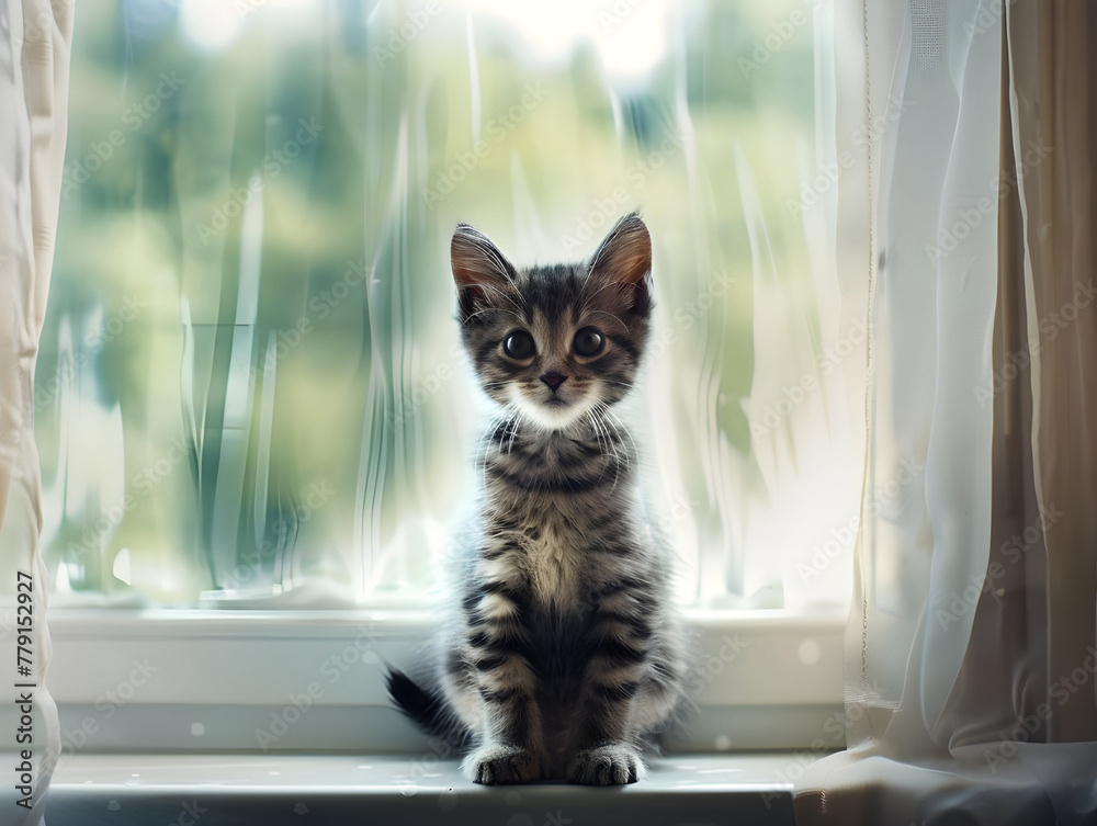 Adorable kitten sits by window, gazing outside - Ai Generated