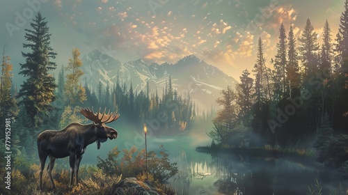 Majestic moose in northern wilderness antlers reaching skyward in misty forests