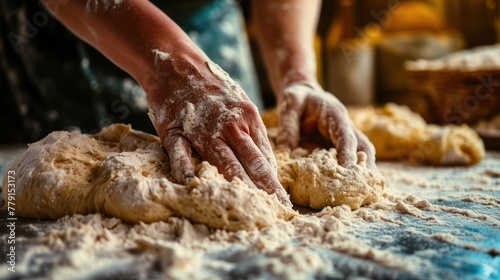 Close-up of hands kneading dough on a wooden table.