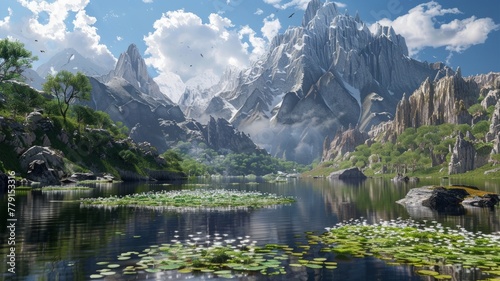 Stunning mountain landscape with a clear serene lake - A breathtaking nature scene with towering mountains, a serene lake with lily pads, and clear blue sky filled with birds in flight