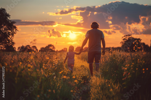 Father and child holding hands in sunset field, perfect for family and holiday concepts. Postcard for the day of the father.