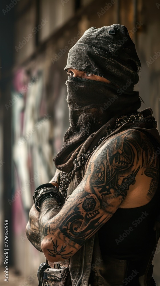A heavily tattooed man with a black bandana covering his face stands in a graffitied tunnel.