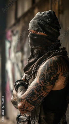 A heavily tattooed man with a black bandana covering his face stands in a graffitied tunnel.