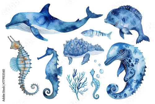 Set of watercolor marine illustrations with sea animals and abstract elements of sea animals. Blue watercolor ocean fish, Medusa, whale, seahorse illustration