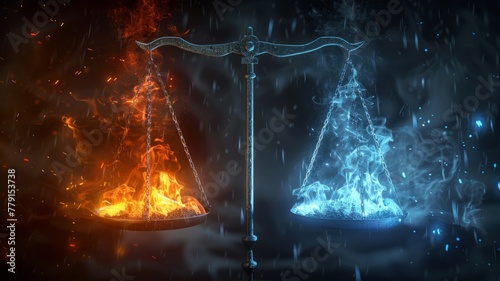 Fiery and icy contrast of scales on a balance - An artistic concept image showing a balance with scales holding fire and ice, representing the duality of extremes in a dramatic setting photo