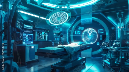 Futuristic medical bay with sleeping patient - An advanced medical bay scene with a patient on the bed, surrounded by futuristic technology and lighting