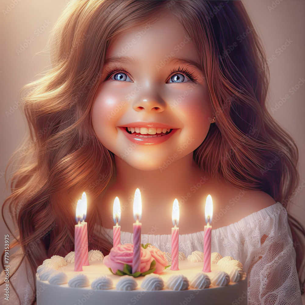 A little girl rejoices at the holiday against the backdrop of a cake with candles. Birthday A little girl rejoices at the holiday against the backdrop of a cake with candles. Birthday