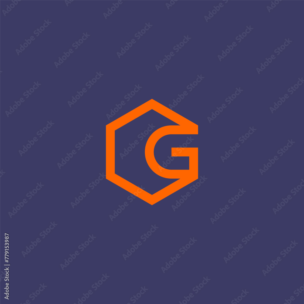 Fototapeta premium G letter initial logo inside orange hexagon frame.