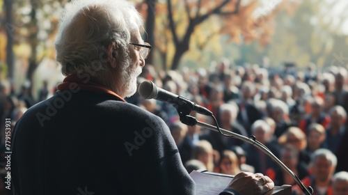 A man stands at a podium in front of a crowd of people photo