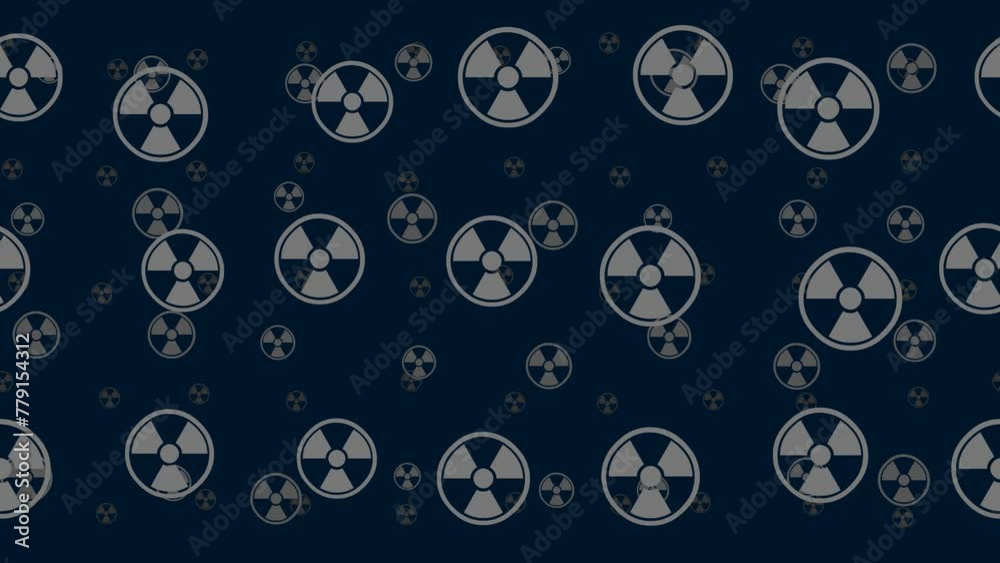 Radiation symbols float horizontally from left to right. Parallax fly effect. Floating symbols are located randomly. Seamless looped 4k animation on dark blue background Radiation symbols float horizontally from left to right. Parallax fly effect. Floating symbols are located randomly. Seamless looped 4k animation on dark blue background