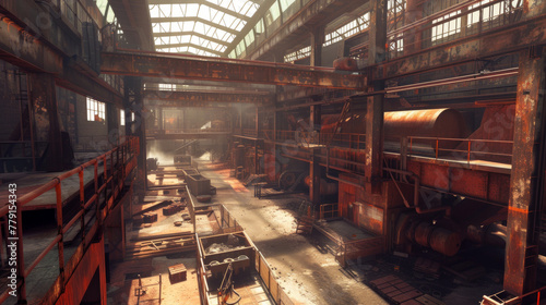 An expansive steel mill with rolling mills, blast furnaces, and casting machines, temporarily dormant but ready to shape molten metal into strong structures