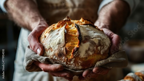 A person in a white shirt is holding a loaf of bread in both hands, with a napkin wrapped around it. The bread has a golden color and appears to be freshly baked.