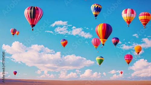 A colorful fleet of hot air balloons floats peacefully together as they glide through a clear blue sky, Colorful hot air balloons floating in a cloudless blue sky, AI Generated