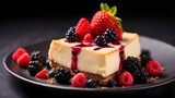 Delectable berry cheesecake - dessert menu - dessert card with sweet cheese cake isolated on a dish against a black background